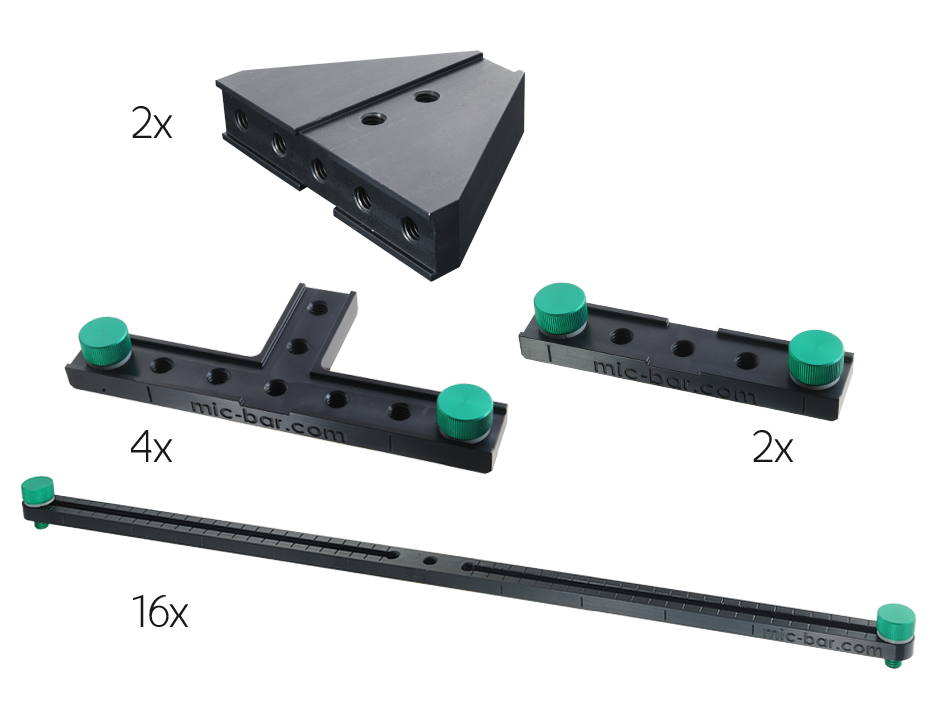 Mikrofonschienensystem für 3D-Array 9.0, bestehend aus 16 Mikrofonschienen Basis AB mit 4 T-Stücken, 2 Verbindungsstücken, 2 Verbinderstücken für 3D-Array im Aluminiumkoffer 690 mm x 405 mm x 160 mm schwarz eloxiert
